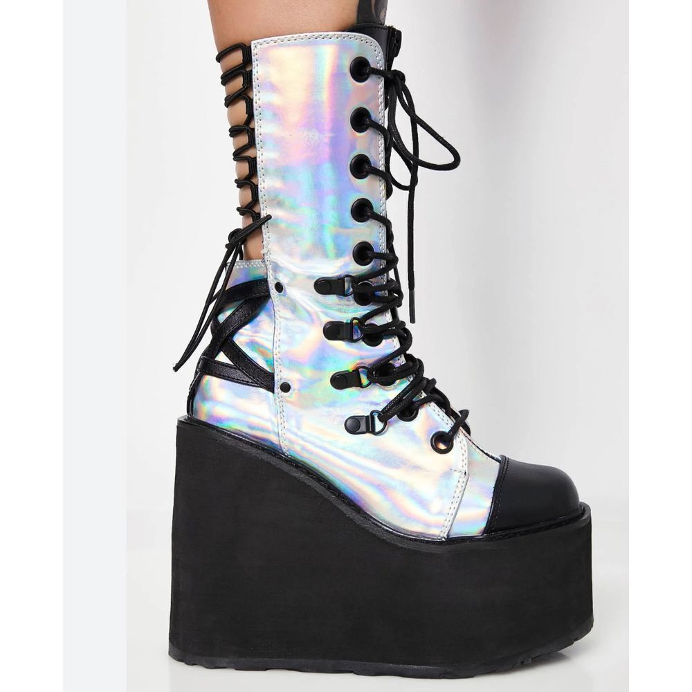 Demonia SWING-120 Mid-Calf Boots Platform Wedge Lace-Up Front Holographic